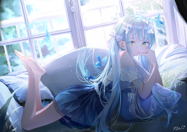 Anime picture 1500x1061 with original nabi (uz02) single long hair looking at viewer blush fringe blue eyes bare shoulders signed payot blue hair full body indoors lying blunt bangs braid (braids) parted lips barefoot sunlight