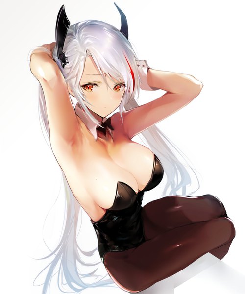 Anime picture 1667x2001 with azur lane prinz eugen (azur lane) hitaki yuu single long hair tall image looking at viewer blush fringe breasts light erotic simple background large breasts sitting twintails brown eyes cleavage silver hair multicolored hair from above