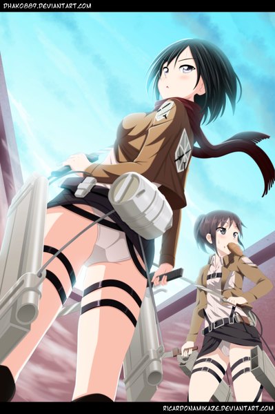 Anime picture 3000x4511 with shingeki no kyojin production i.g mikasa ackerman sasha blouse ricardonamikaze dhako889 tall image blush highres light erotic multiple girls sky cloud (clouds) ass looking back from below mouth hold coloring girl underwear