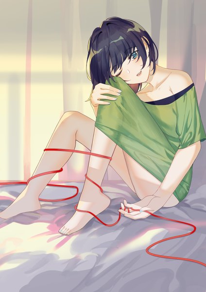 Anime picture 2480x3508 with original tsubasa19900920 single tall image looking at viewer blush fringe highres short hair open mouth blue eyes light erotic black hair sitting bare shoulders full body bent knee (knees) indoors nail polish head tilt