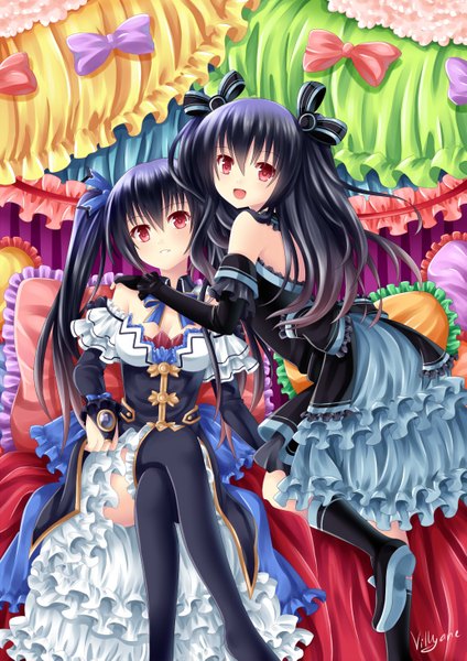 Anime picture 1033x1461 with choujigen game neptune hyperdimension neptunia mk2 noire uni (choujigen game neptune) villyane long hair tall image open mouth black hair smile twintails multiple girls pink eyes crossed legs girl thighhighs dress bow black thighhighs 2 girls