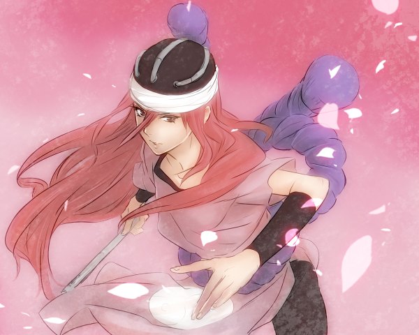 Anime picture 1200x960 with naruto studio pierrot naruto (series) tayuya miyabi310 single long hair looking at viewer standing brown eyes pink hair from above wind pink background fighting stance girl petals headdress