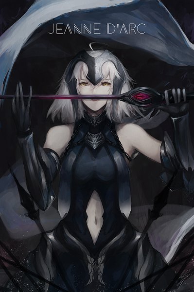 Anime picture 1205x1813 with fate (series) fate/grand order jeanne d'arc (fate) (all) jeanne d'arc alter (fate) jeanne d'arc alter (avenger) (third ascension) (fate) marumoru single tall image looking at viewer short hair bare shoulders holding signed yellow eyes ahoge grey hair character names dark background center opening girl