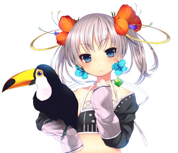 Anime picture 1236x1062 with original skull.03 looking at viewer short hair blue eyes simple background white background twintails silver hair hair flower short twintails girl hair ornament detached sleeves animal bird (birds)