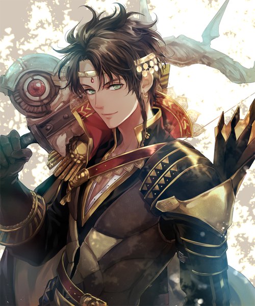 Anime picture 833x1000 with fire emblem fire emblem: three houses nintendo claude von riegan hksi1pin single tall image looking at viewer short hair smile brown hair green eyes upper body weapon over shoulder boy weapon armor spaulder (spaulders) single earring bow (weapon)