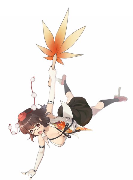 Anime picture 1076x1455 with touhou shameimaru aya tkln single tall image short hair breasts open mouth light erotic simple background smile red eyes brown hair white background girl gloves glasses elbow gloves fan pom pom (clothes)