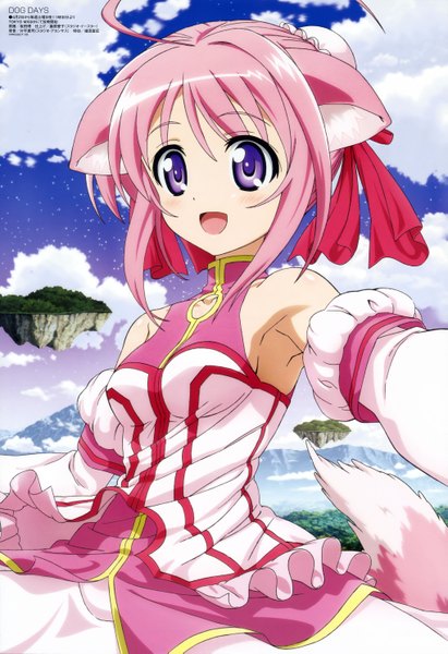 Anime picture 4073x5945 with dog days megami magazine millhiore f biscotti sakata osamu single tall image highres short hair open mouth purple eyes animal ears pink hair absurdres animal tail official art floating island girl island
