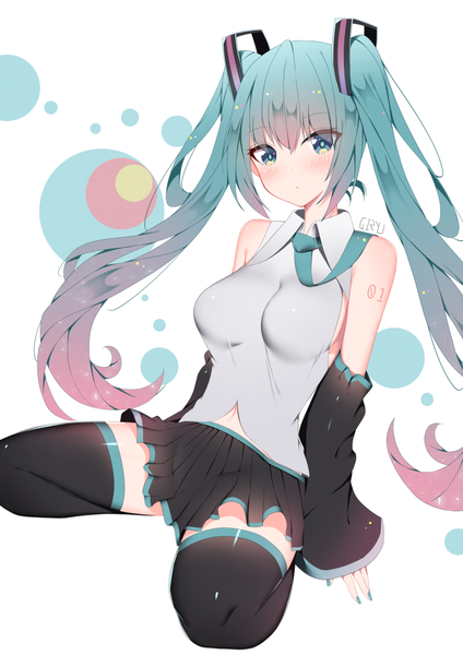 Anime picture 715x1012 with vocaloid hatsune miku giryu single long hair tall image looking at viewer blush fringe breasts light erotic simple background hair between eyes white background sitting twintails bare shoulders signed payot full body