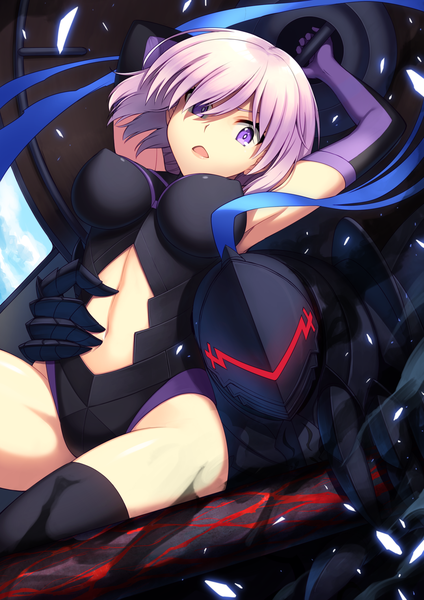 Anime picture 1500x2121 with fate (series) fate/grand order fate/zero mash kyrielight berserker (fate/zero) oyaji-sou tall image looking at viewer short hair breasts open mouth light erotic purple eyes purple hair girl navel weapon armor bodysuit