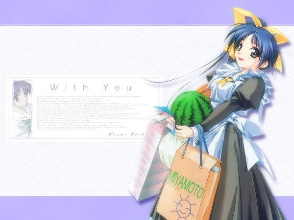Anime picture 1024x768 with with you itou noemi hashimoto takashi long hair blue eyes blue hair maid wallpaper waitress girl food fruit berry (berries) sleeve cuffs watermelon groceries
