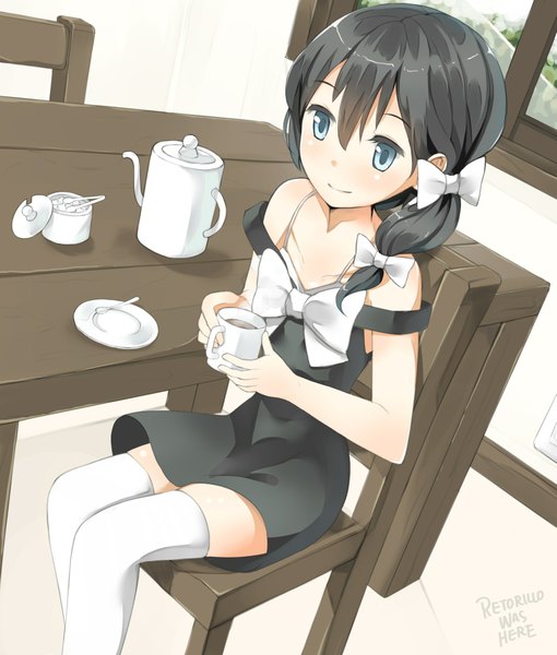 Anime picture 1725x2028 with original retorillo long hair tall image highres blue eyes black hair smile sitting girl thighhighs white thighhighs cup teapot