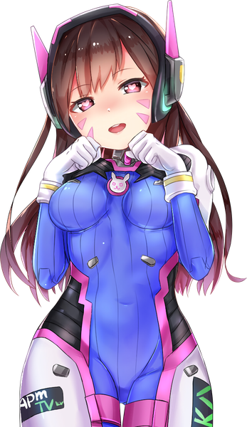 Anime-Bild 1286x2221 mit overwatch blizzard entertainment d.va (overwatch) byoc12 single long hair tall image looking at viewer blush fringe breasts open mouth brown hair standing brown eyes :d covered navel facial mark symbol-shaped pupils transparent background