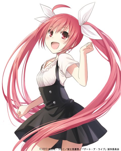 Anime picture 640x800 with date a live itsuka kotori konoe (vis9191) single long hair tall image blush fringe open mouth simple background white background twintails looking away pink hair ahoge pink eyes 2013 girl bow hair bow