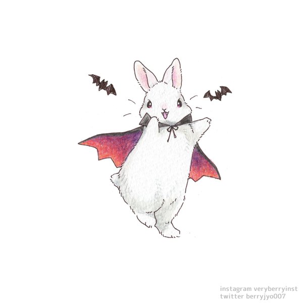 Anime picture 2000x2000 with original berry jou highres simple background white background signed fang (fangs) halloween no people vampire traditional media colored pencil (medium) animal cloak bunny bat halloween costume