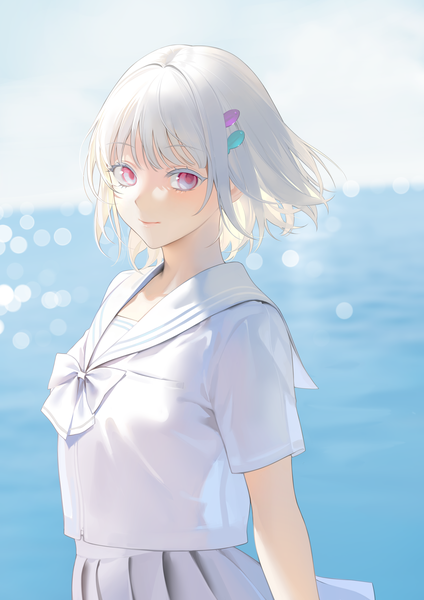 Anime picture 2315x3274 with original nacchan (ohisashiburi) ohisashiburi single tall image looking at viewer fringe highres short hair standing upper body outdoors white hair pleated skirt pink eyes short sleeves depth of field lens flare shaded face girl