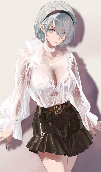 Anime picture 1031x1754 with nier nier:automata yorha no. 2 type b salmon88 single tall image looking at viewer fringe short hair breasts blue eyes light erotic simple background hair between eyes large breasts standing silver hair nail polish light smile mole