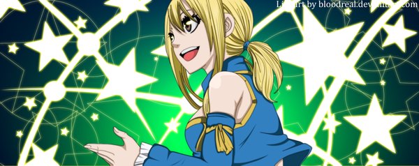 Anime picture 2000x795 with fairy tail lucy heartfilia advance996 single long hair highres open mouth blonde hair smile wide image brown eyes ponytail coloring girl star (symbol)