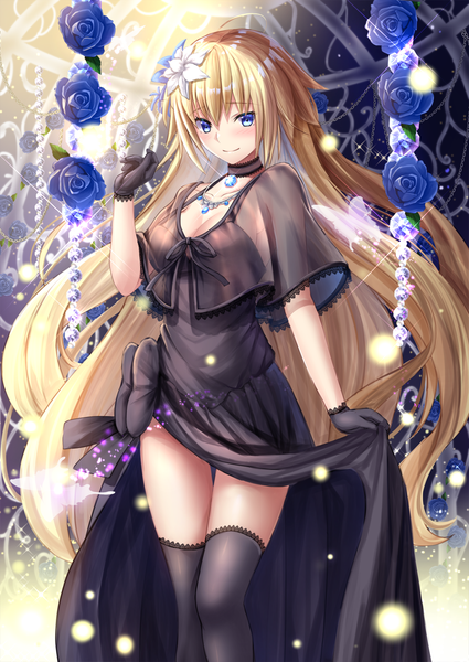 Anime picture 1063x1500 with fate (series) fate/grand order fate/apocrypha jeanne d'arc (fate) (all) jeanne d'arc (formal dress) (fate) toshi (1-147) single long hair tall image blush fringe breasts blue eyes blonde hair smile hair between eyes standing payot cleavage head tilt