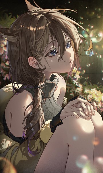 Anime picture 2626x4389 with original sssong aa single long hair tall image fringe highres blue eyes hair between eyes brown hair sitting bare shoulders animal ears looking away long sleeves parted lips off shoulder low ponytail extra ears hand on knee