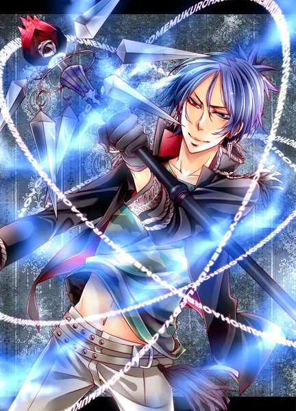 Anime picture 681x946 with katekyou hitman reborn rokudo mukuro hibaniki69 single tall image fringe short hair smile hair between eyes blue hair looking away bare belly character names heterochromia outstretched arm glowing camouflage boy gloves navel