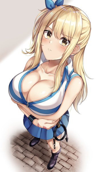 Anime picture 1184x2048 with fairy tail lucy heartfilia amagi korona single long hair tall image looking at viewer blush fringe breasts light erotic simple background blonde hair large breasts standing white background bare shoulders yellow eyes full body from above