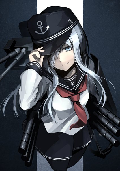 Anime picture 744x1052 with kantai collection hibiki destroyer hetza (hellshock) single long hair tall image looking at viewer fringe silver hair aqua eyes hair over one eye girl thighhighs weapon black thighhighs gun cap sailor suit neckerchief anchor symbol