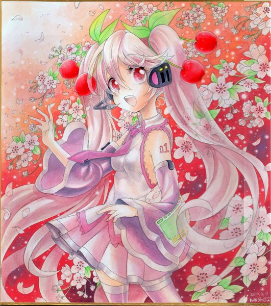 Anime picture 1328x1500 with vocaloid hatsune miku sakura miku mosho single tall image looking at viewer open mouth red eyes twintails signed pink hair very long hair :d cherry blossoms border traditional media watercolor (medium) girl thighhighs