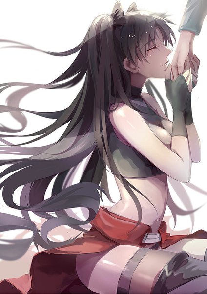 Anime picture 700x990 with fate (series) fate/stay night type-moon toosaka rin soramimi (sea7sky7) long hair tall image blush fringe breasts black hair simple background smile white background sitting twintails bare shoulders bent knee (knees) parted lips profile