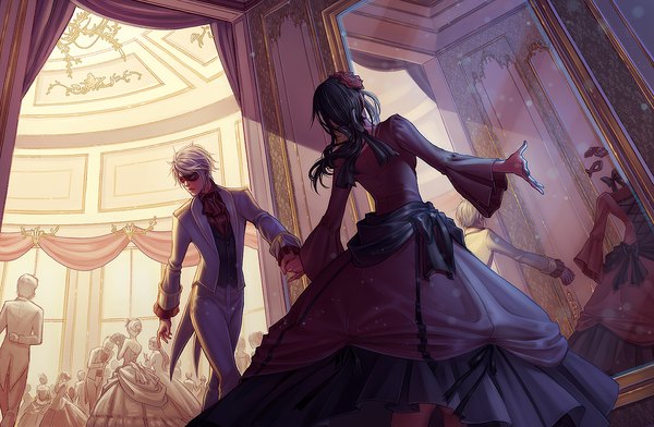 Anime picture 1500x981 with original whispwill long hair short hair black hair indoors grey hair from behind couple holding hands reflection walking vampire different reflection girl dress boy mask neckerchief people