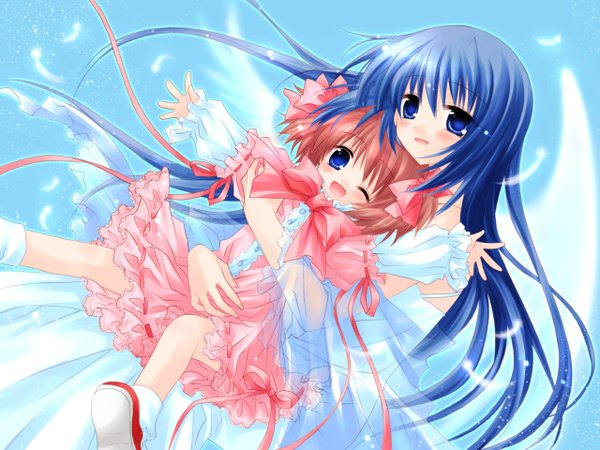 Anime picture 1280x960 with sakurazawa izumi long hair blue eyes brown hair twintails blue hair wallpaper lolita fashion angel dress wings shoes frills feather (feathers) buttons child (children)