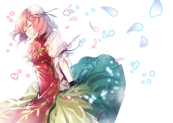 Anime picture 1615x1147 with touhou ibaraki kasen uu uu zan single fringe short hair simple background hair between eyes white background pink hair eyes closed parted lips wind sparkle short sleeves hair bun (hair buns) puffy sleeves girl dress flower (flowers)