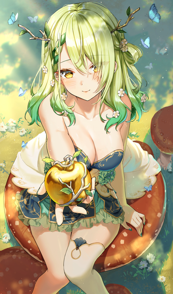 Anime picture 1500x2550 with virtual youtuber hololive hololive english ceres fauna ceres fauna (1st costume) rosuuri single long hair tall image looking at viewer blush fringe breasts light erotic smile large breasts bare shoulders holding signed yellow eyes