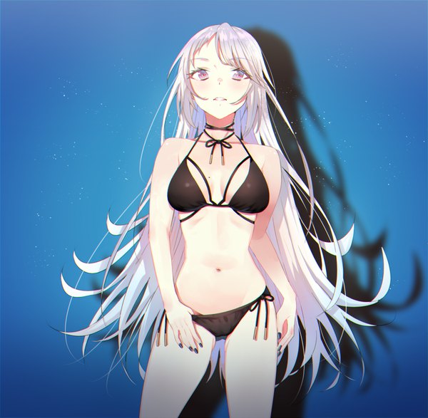 Anime picture 900x881 with original minatoasu single long hair looking at viewer blush fringe light erotic simple background standing purple eyes silver hair nail polish parted lips mole shadow blue background halterneck mole on breast bikini pull