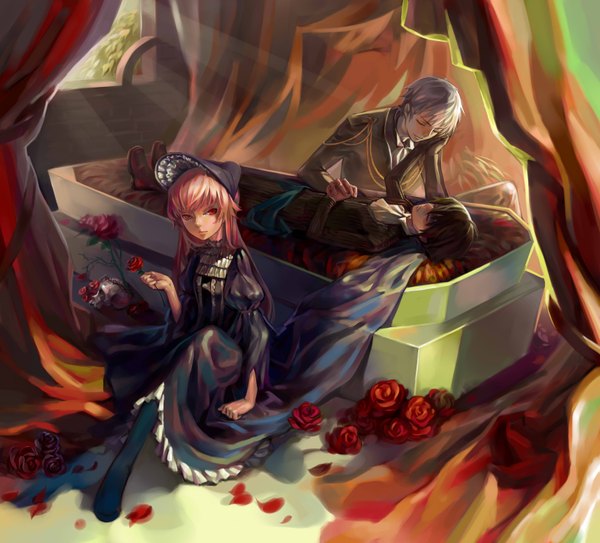 Anime picture 3140x2846 with mirai nikki gasai yuno amano yukiteru akise aru l.green long hair highres short hair black hair red eyes pink hair absurdres eyes closed grey hair sunlight holding hands gothic girl dress flower (flowers)