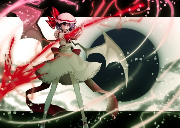 Anime picture 1000x711 with touhou remilia scarlet arisaka ako single looking at viewer short hair red eyes purple hair fingernails wind pale skin long fingernails bat wings :q girl skirt weapon petals wings frills