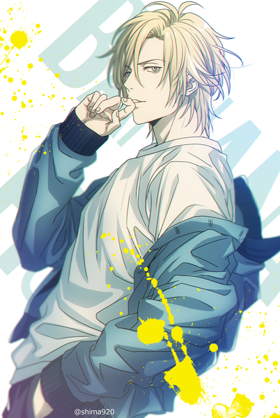 Anime picture 690x1030 with banana fish mappa ash lynx mashima shima single tall image short hair blue eyes blonde hair signed looking away upper body off shoulder open jacket twitter username finger to mouth hand in pocket boy jacket