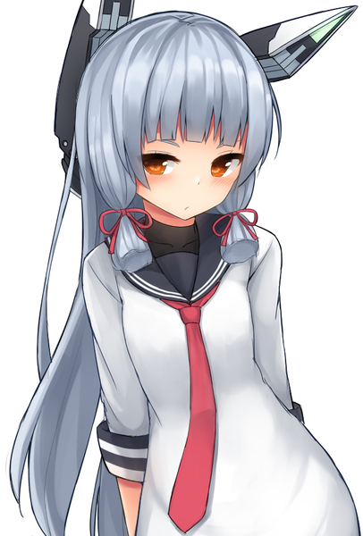 Anime picture 624x922 with kantai collection murakumo destroyer mizushina minato single long hair tall image blush fringe simple background white background payot looking away blunt bangs grey hair orange eyes hands behind back tress ribbon girl skirt uniform