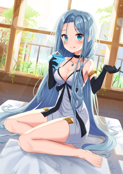 Anime picture 1777x2500 with original niji (rudduf232) single tall image looking at viewer blush highres breasts blue eyes sitting bare shoulders holding blue hair cleavage full body bent knee (knees) indoors very long hair barefoot sunlight