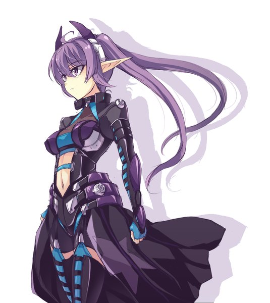 Anime picture 1696x1900 with phantasy star phantasy star online 2 sega newman touya (the-moon) single long hair tall image fringe simple background standing white background purple eyes looking away purple hair horn (horns) pointy ears bare belly girl navel