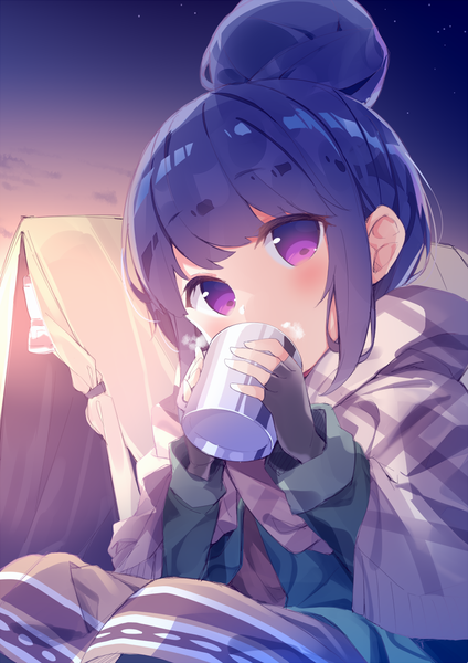 Anime picture 900x1272 with yurucamp shima rin chikuwa. single long hair tall image looking at viewer fringe sitting purple eyes holding payot blue hair sky long sleeves head tilt hair bun (hair buns) drinking girl gloves
