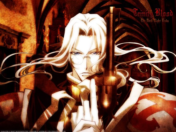 Anime picture 1600x1200 with trinity blood gonzo abel nightroad blue eyes white hair boy weapon glasses gun
