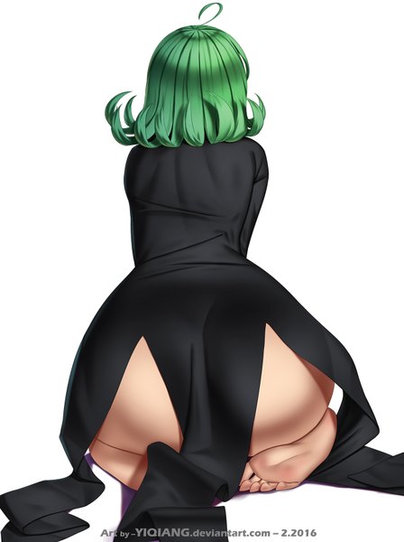 Anime picture 1299x1740 with one-punch man madhouse tatsumaki yi qiang single tall image short hair light erotic simple background white background green hair back soles girl dress