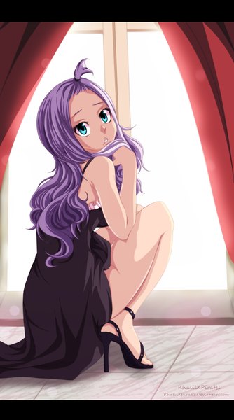 Anime picture 900x1614 with fairy tail mirajane strauss khalilxpirates single long hair tall image purple hair ahoge looking back aqua eyes sunlight coloring squat girl dress window black dress curtains