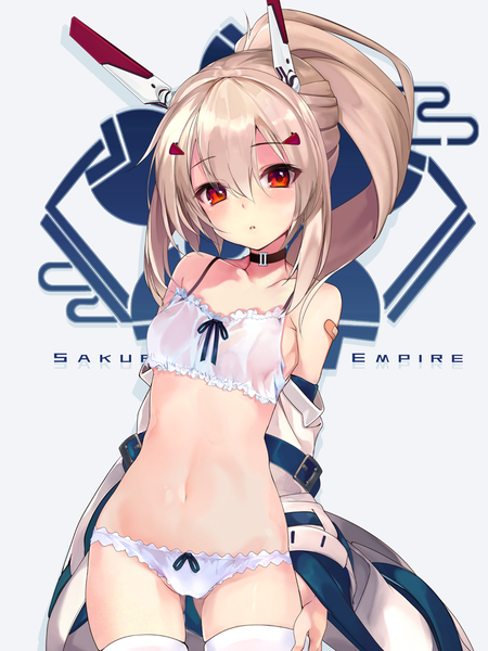 Anime picture 750x1000 with azur lane ayanami (azur lane) shirokitsune single long hair tall image looking at viewer blush fringe breasts light erotic simple background blonde hair hair between eyes red eyes standing bare shoulders payot ponytail parted lips
