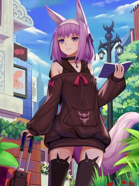 Anime picture 3000x4000 with original sonikey0 0 single tall image highres short hair smile purple eyes animal ears looking away sky purple hair cloud (clouds) tail animal tail girl thighhighs black thighhighs leaf (leaves) animal band legwear