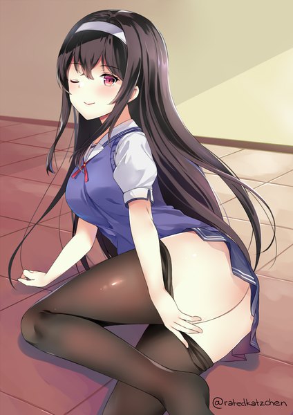 Anime picture 706x1000 with saenai heroine no sodatekata a-1 pictures kasumigaoka utaha kaetzchen single long hair tall image looking at viewer blush fringe breasts light erotic black hair smile hair between eyes red eyes signed ass indoors one eye closed