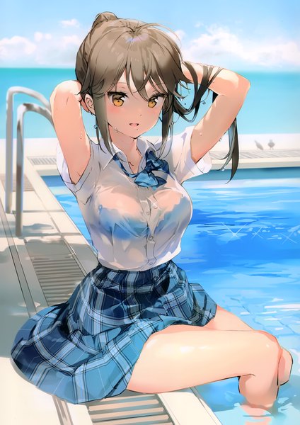 Anime picture 2419x3421 with original anmi single long hair tall image looking at viewer blush fringe highres light erotic hair between eyes brown hair yellow eyes payot bent knee (knees) outdoors scan arms up short sleeves plaid skirt
