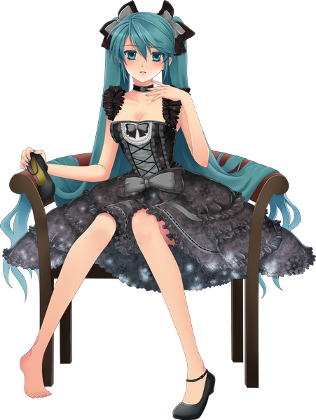 Anime picture 1180x1571 with vocaloid hatsune miku nanamix (artist) single long hair tall image twintails green eyes green hair transparent background single shoe girl dress bow hair bow collar chair