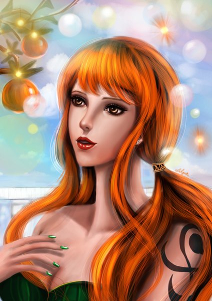 Anime picture 2480x3507 with one piece toei animation nami (one piece) lilyzou single long hair tall image highres twintails bare shoulders brown eyes nail polish fingernails lips orange hair realistic tattoo lipstick portrait long fingernails