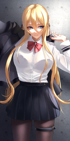 Anime picture 1000x2000 with azur lane bismarck (azur lane) lyche (cramcell) single long hair tall image fringe breasts blue eyes black hair hair between eyes standing looking away pleated skirt arms up alternate costume against wall dressing girl skirt